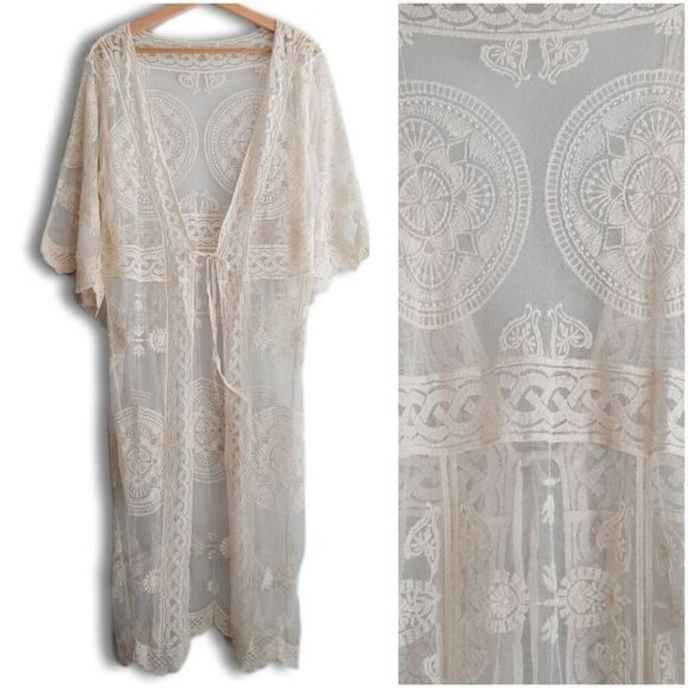 Medallion Embroidery | Lace & Mesh Sheer Floral Long Duster Cardigan Sz S